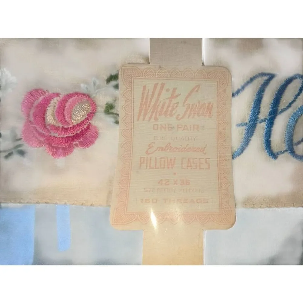 NIP Pair Of Embroidered His and Hers Vintage Pillow Cases White Blue pink floral